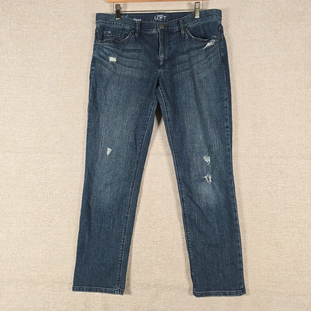 Ann Taylor LOFT Women 6 Boyfriend Jeans Blue Medium Wash Distressed Straight Leg
